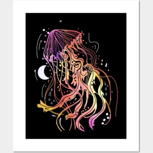 Cosmic Jellyfish crescent moon Posters and Art